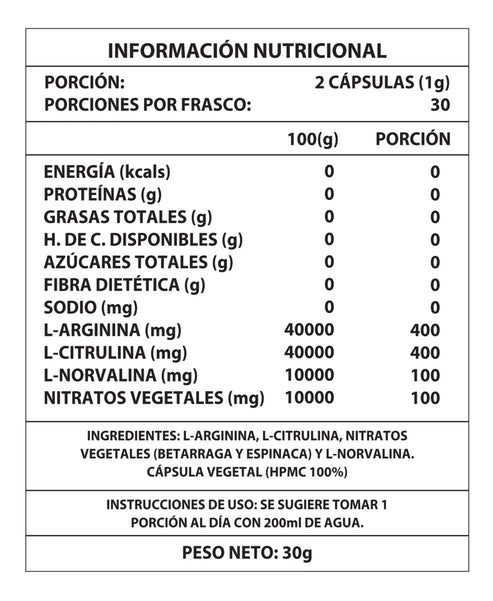 ÓXIDO NÍRICO 1000MG 60 CAPS POTENCIA TU SALUD CARDIOVASCULAR