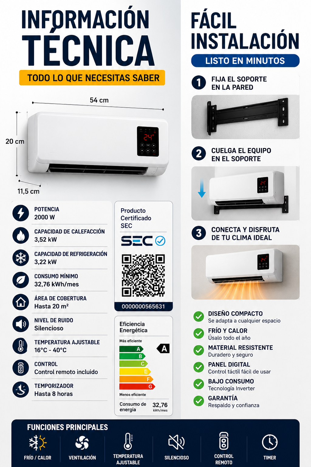 Aire Acondicionado Mini Split INVERTER 2 En 1