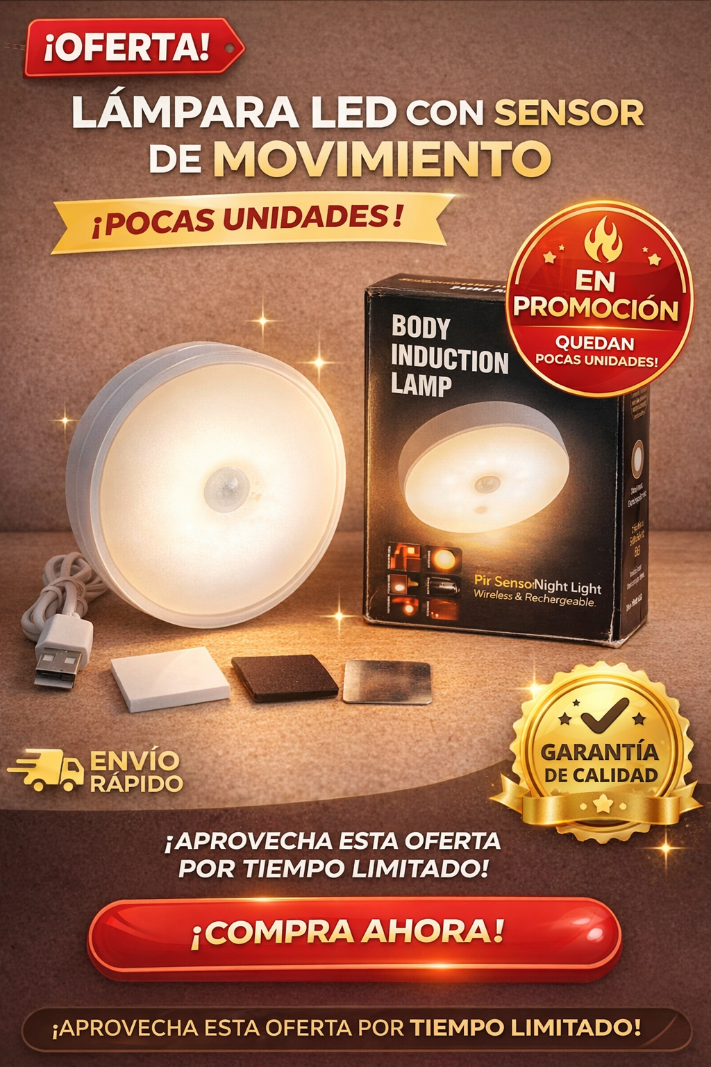 LUZ LED SENSOR DE MOVIMIENTO SUPER PACK x3 RECARGABLE