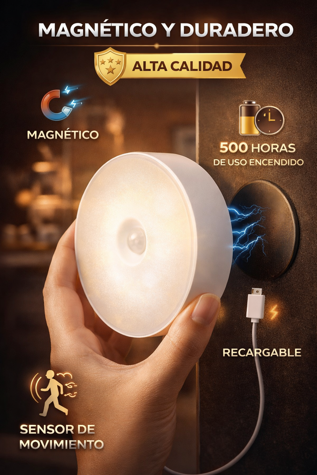 LUZ LED SENSOR DE MOVIMIENTO SUPER PACK x3 RECARGABLE