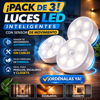 LUZ LED SENSOR DE MOVIMIENTO SUPER PACK x3 RECARGABLE